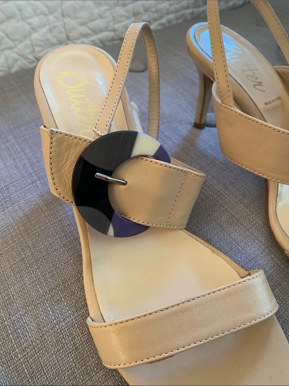 Butter Beige Slingback Sandals with Cream and Navy Accent Buckles - Picture 3 of 6